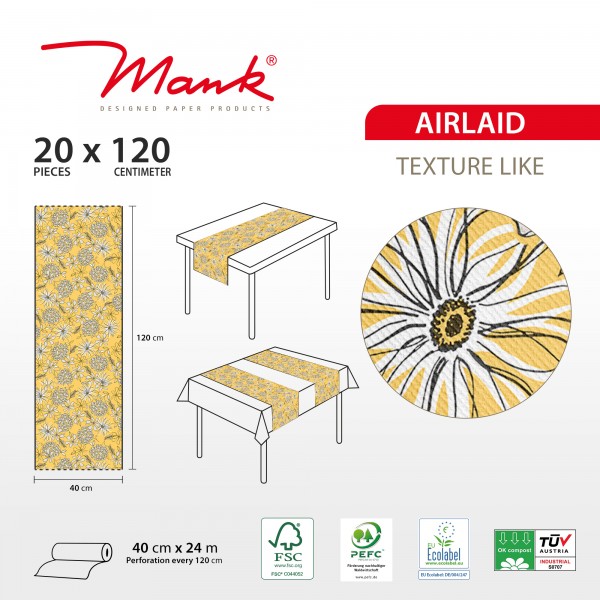 Airlaid Tischläufer Hilde in Gelb-Schwarz, 40 cm x 24 m , 1 Stück - Mank