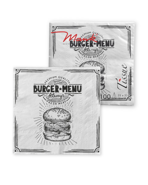 Tissue Serviette Burger Menu in Schwarz 33 x 33 cm, 100 Stück - Mank