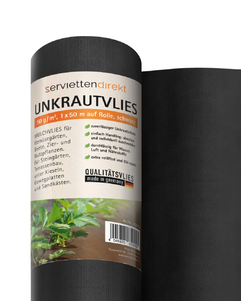 Gartenvlies, Unkrautvlies, Mulchvlies auf Rolle, 1 m x 50 m aus PP-Vlies 50g in schwarz