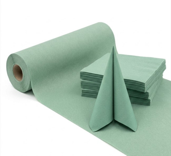 Tischdeko-Set – 1 Tischläufer Eukalyptus, 29,5 cm x 24 m und 50 Airlaid Servietten 40x40 cm