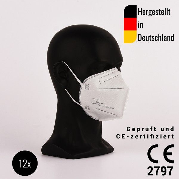 FFP2 Halbmasken, zertifiziert CE2797 - hergestellt in Deutschland - 12 Stück - Atemschutzmaske