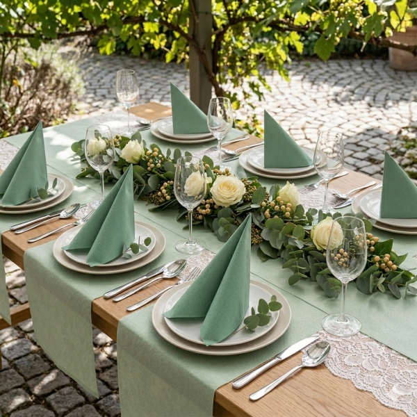 Tischdeko-Set – 1 Tischläufer Eukalyptus, 29,5 cm x 24 m und 50 Airlaid Servietten 40x40 cm