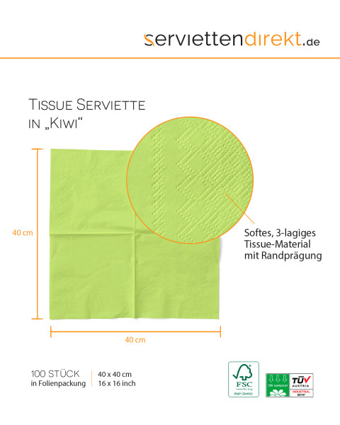 Tissue Serviette Kiwi, 40 x 40 cm, 100 Stück - Mank