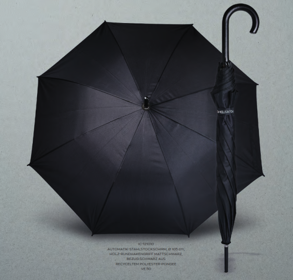 50 Regenschirme Automatik-Holzstockschirm aus recyceltem Polyester Pongee schwarz 105 mm Ø - 50 Stüc