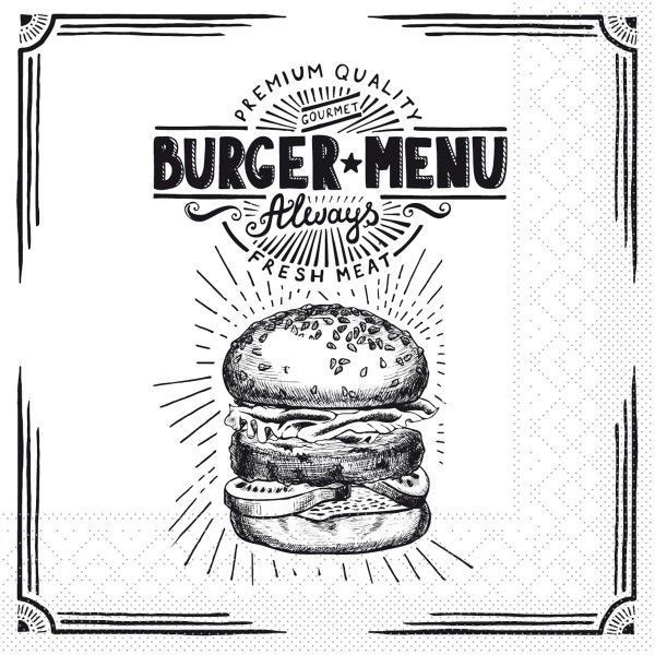Tissue Serviette Burger Menu in Schwarz 33 x 33 cm, 100 Stück - Mank