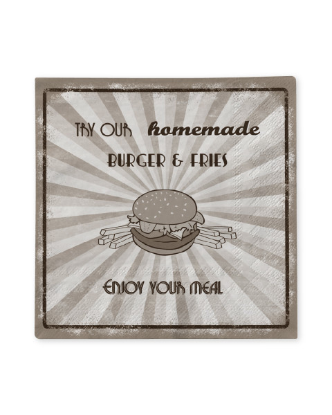 Tissue Serviette Retro Burger in Braun 33 x 33 cm, 100 Stück - Mank