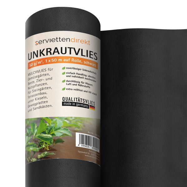 Gartenvlies, Unkrautvlies, Mulchvlies auf Rolle, 1 m x 50 m aus PP-Vlies 50g in schwarz